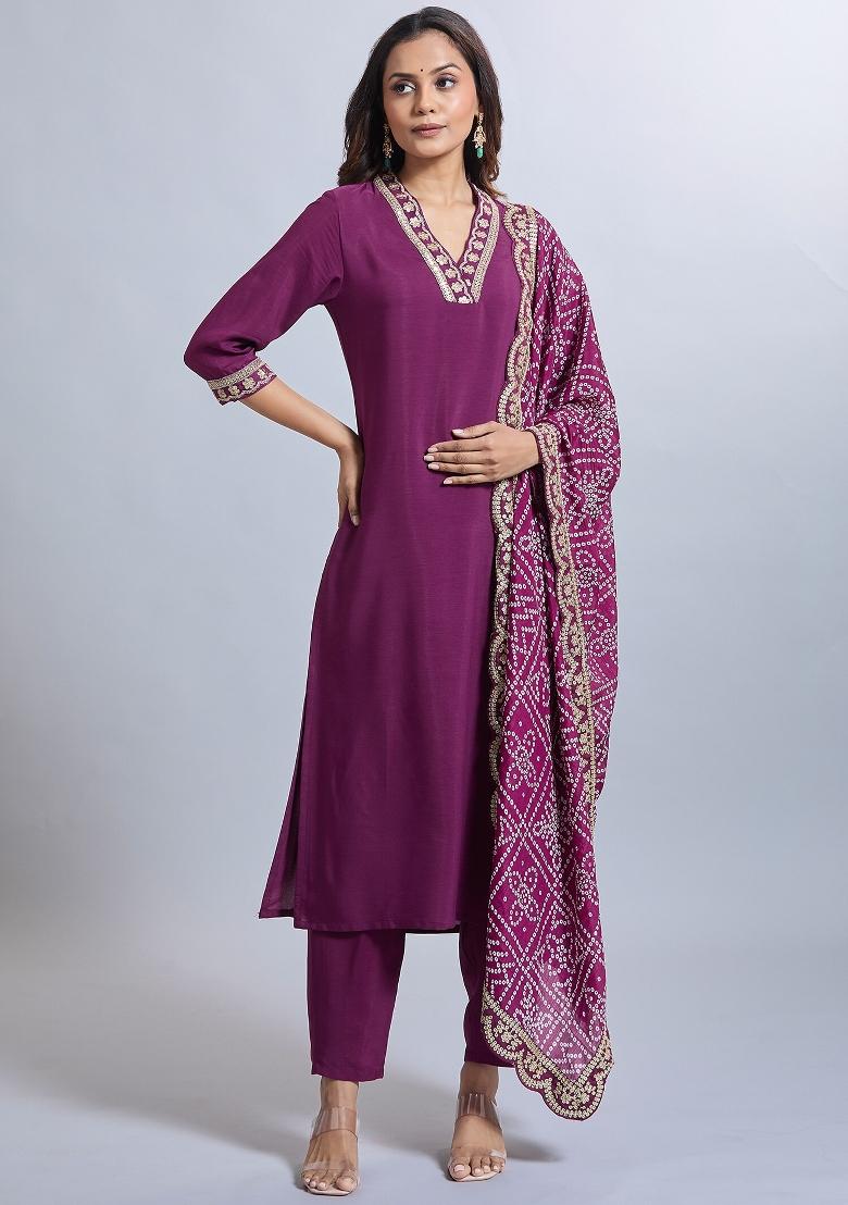 Purple Machine Embroidered Viscose Salwar Kameez
