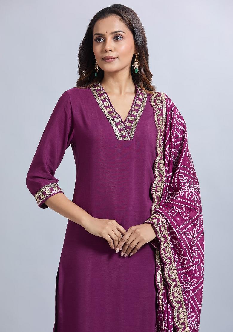 Purple Machine Embroidered Viscose Salwar Kameez