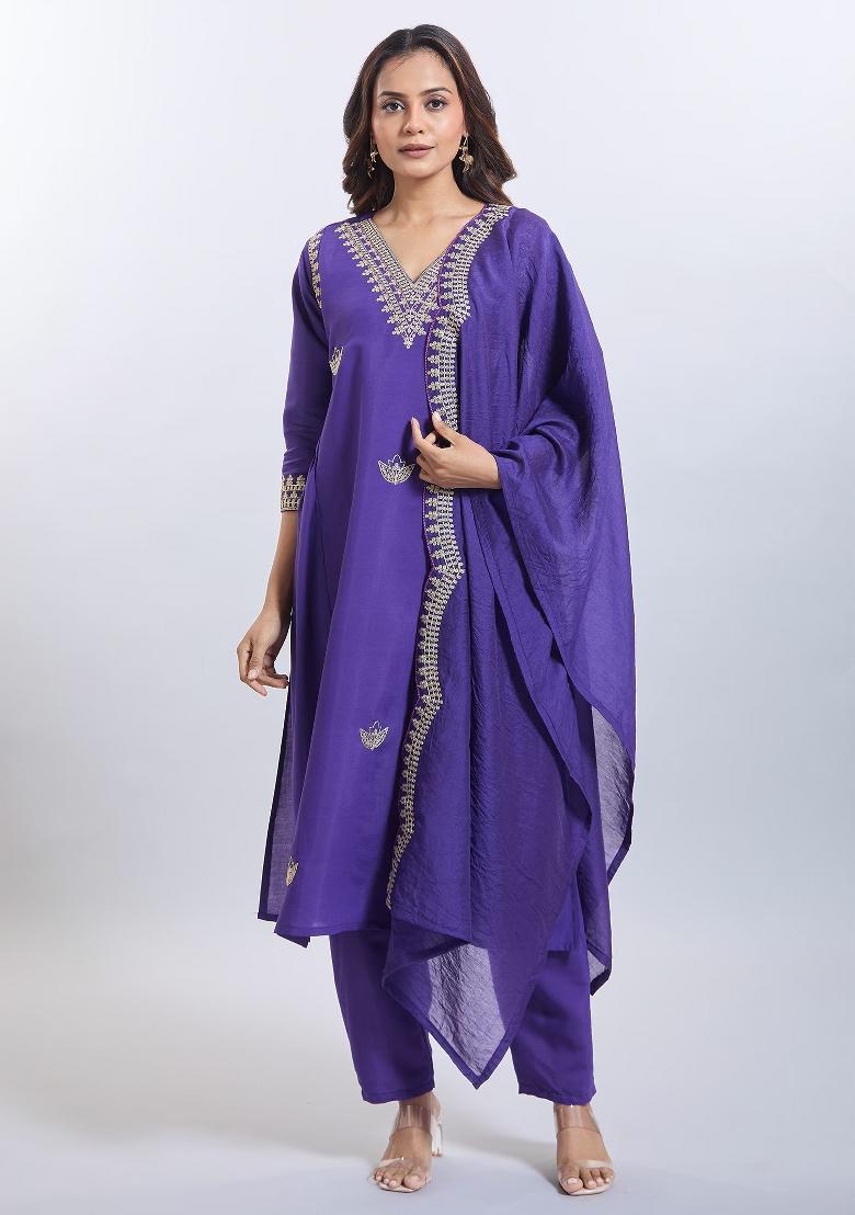 Purple Machine Embroidered Viscose Salwar Kameez
