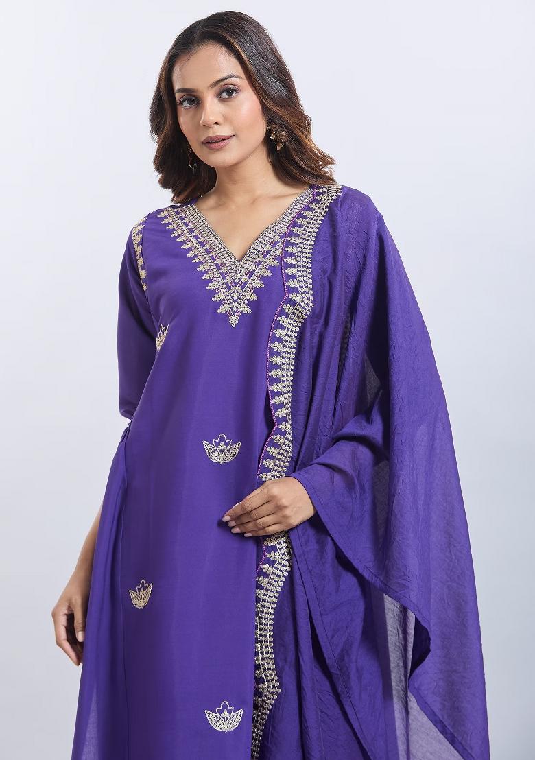 Purple Machine Embroidered Viscose Salwar Kameez