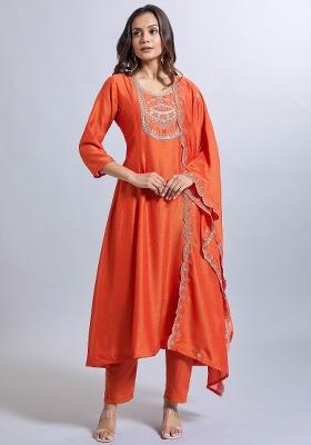 Orange Machine Embroidered Viscose Salwar Kameez