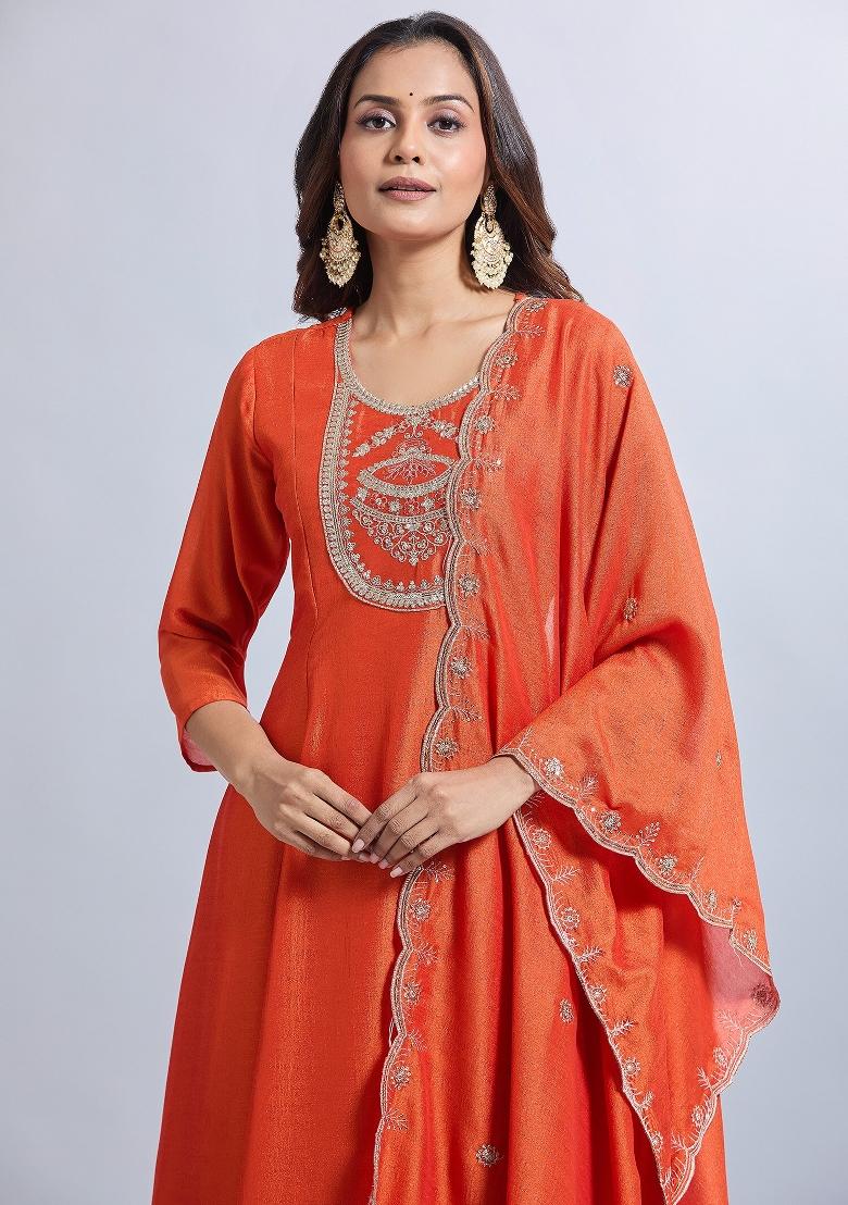 Orange Machine Embroidered Viscose Salwar Kameez
