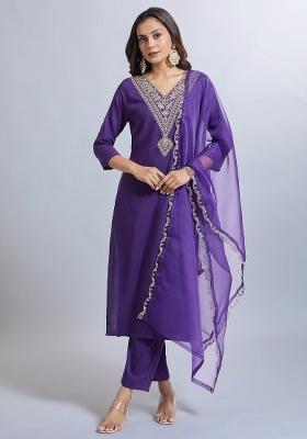 Purple Machine Embroidered Viscose Salwar Kameez