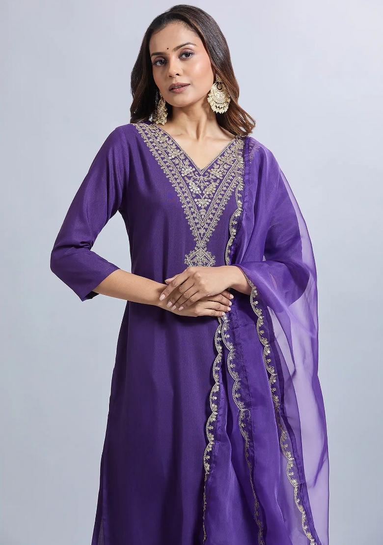 Purple Machine Embroidered Viscose Salwar Kameez