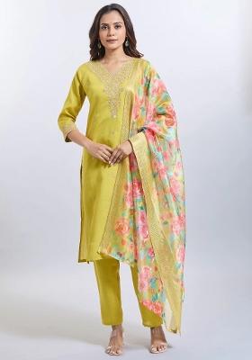 Yellow Machine Embroidered Viscose Salwar Kameez