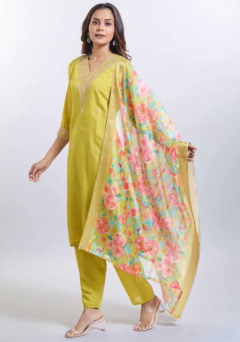 Yellow Machine Embroidered Viscose Salwar Kameez