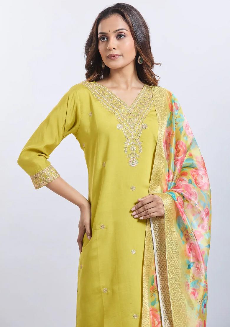 Yellow Machine Embroidered Viscose Salwar Kameez