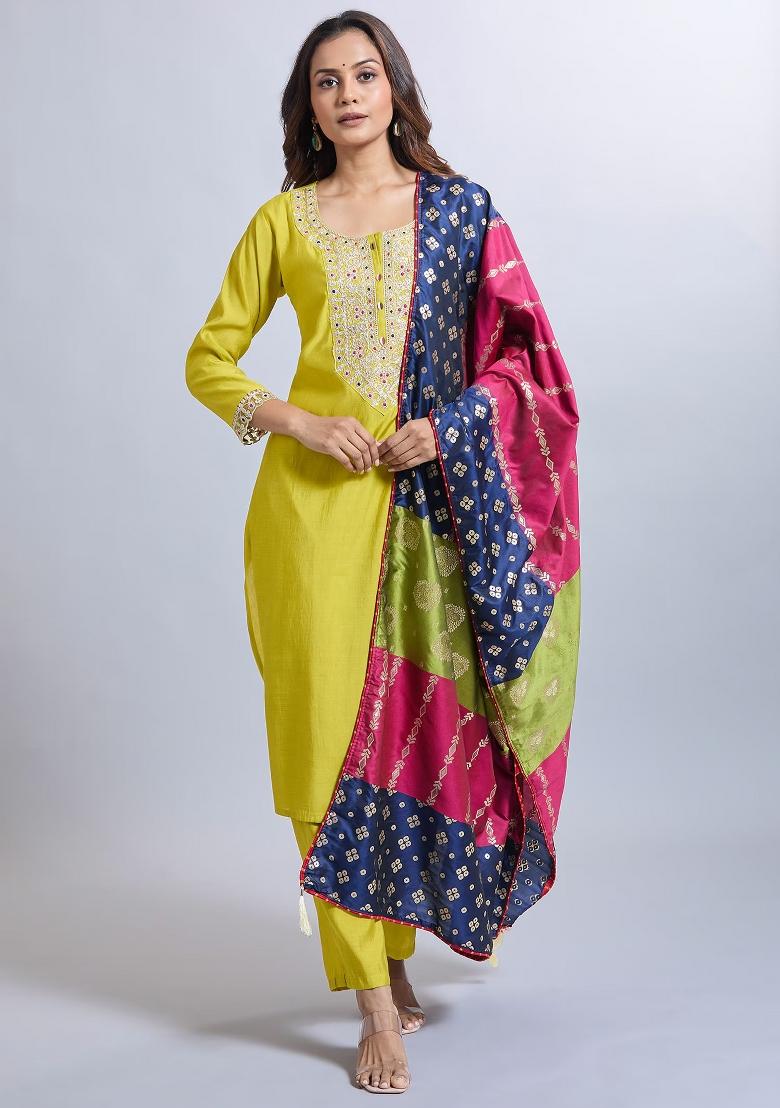 Lemon Yellow Machine Embroidered Viscose Salwar Kameez
