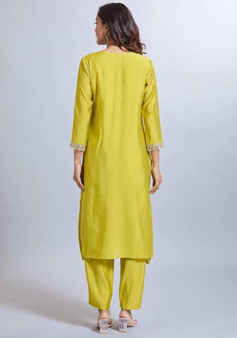 Lemon Yellow Machine Embroidered Viscose Salwar Kameez
