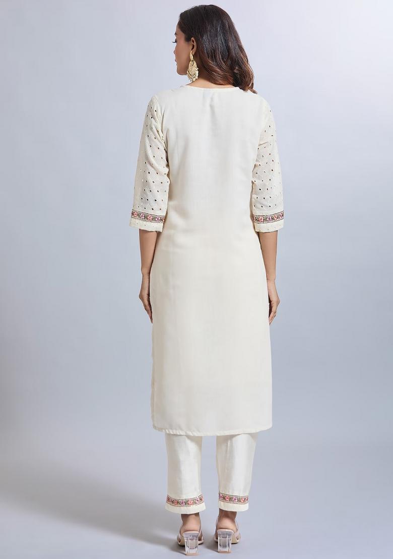 White Machine Embroidered Viscose Salwar Kameez
