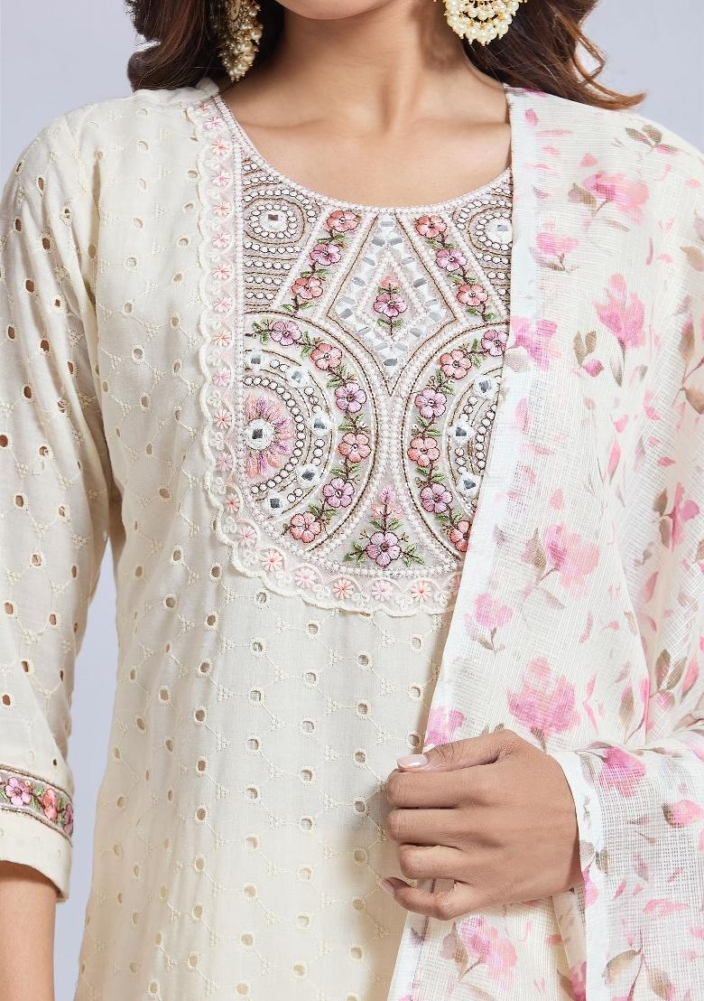 White Machine Embroidered Viscose Salwar Kameez