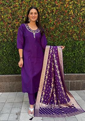Purple Embroidered Silk Salwar Kameez With Dupatta