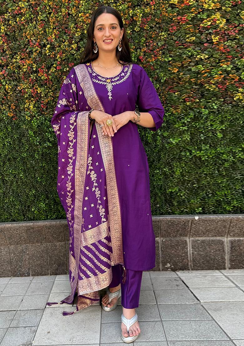 Purple Embroidered Silk Salwar Kameez With Dupatta