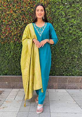 Rama Blue Embroidered Silk Salwar Kameez With Dupatta