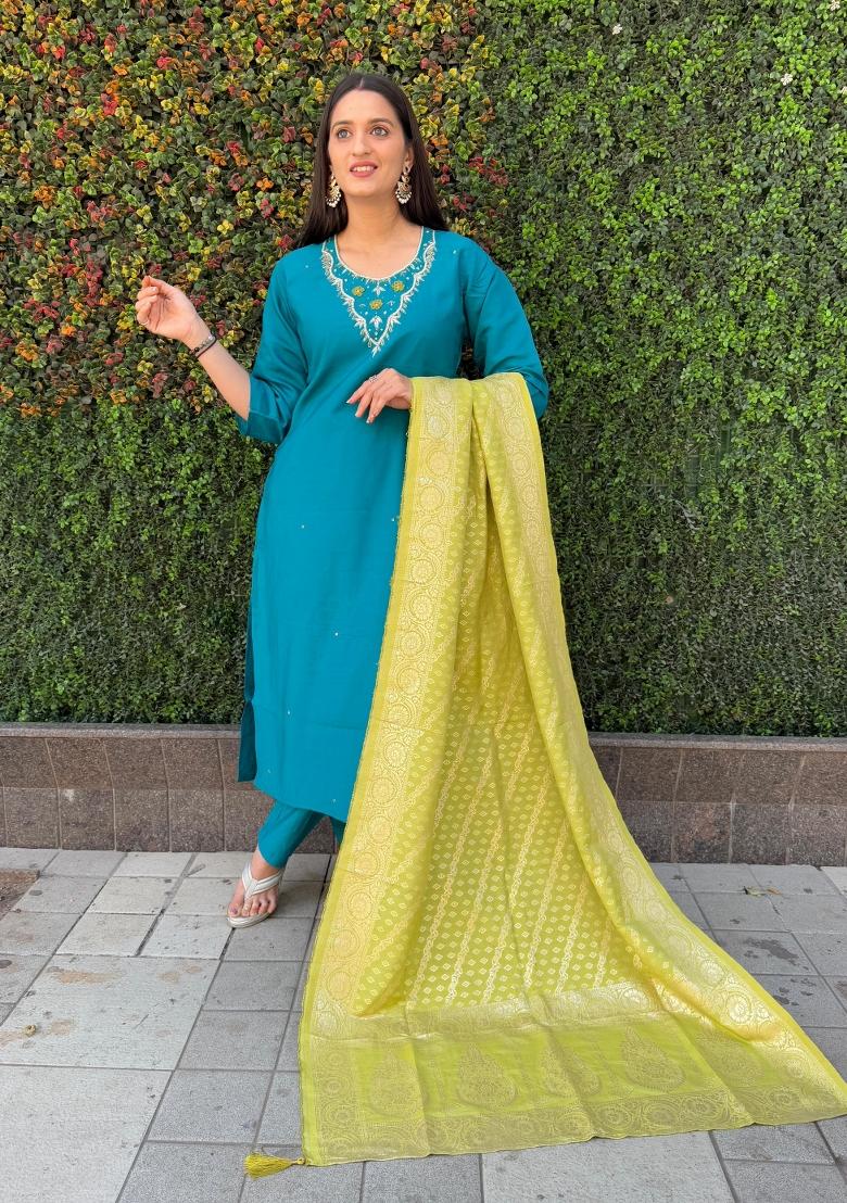 Rama Blue Embroidered Silk Salwar Kameez With Dupatta