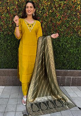 Yellow Embroidered Silk Salwar Kameez With Dupatta