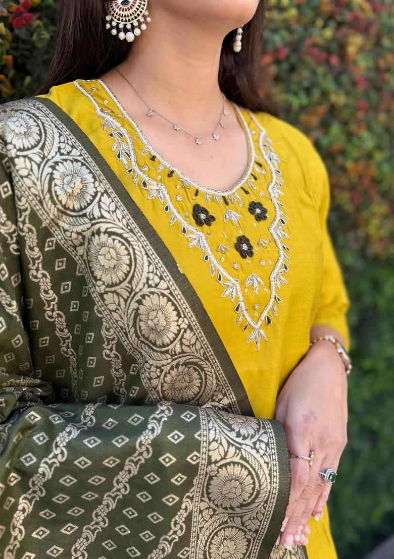 Yellow Embroidered Silk Salwar Kameez With Dupatta