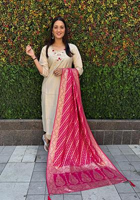 Cream Embroidered Silk Salwar Kameez With Dupatta