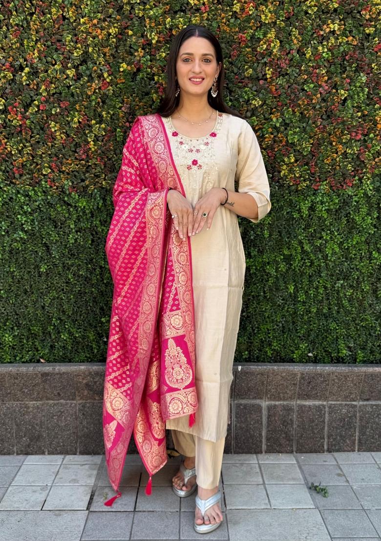 Cream Embroidered Silk Salwar Kameez With Dupatta