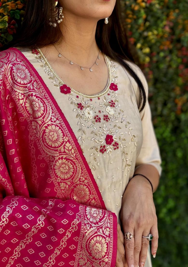 Cream Embroidered Silk Salwar Kameez With Dupatta