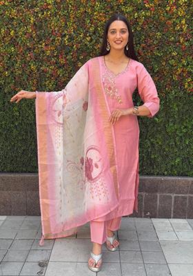 Peach Embroidered Silk Salwar Kameez With Dupatta