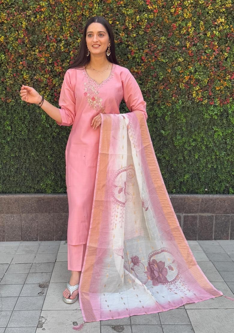 Peach Embroidered Silk Salwar Kameez With Dupatta