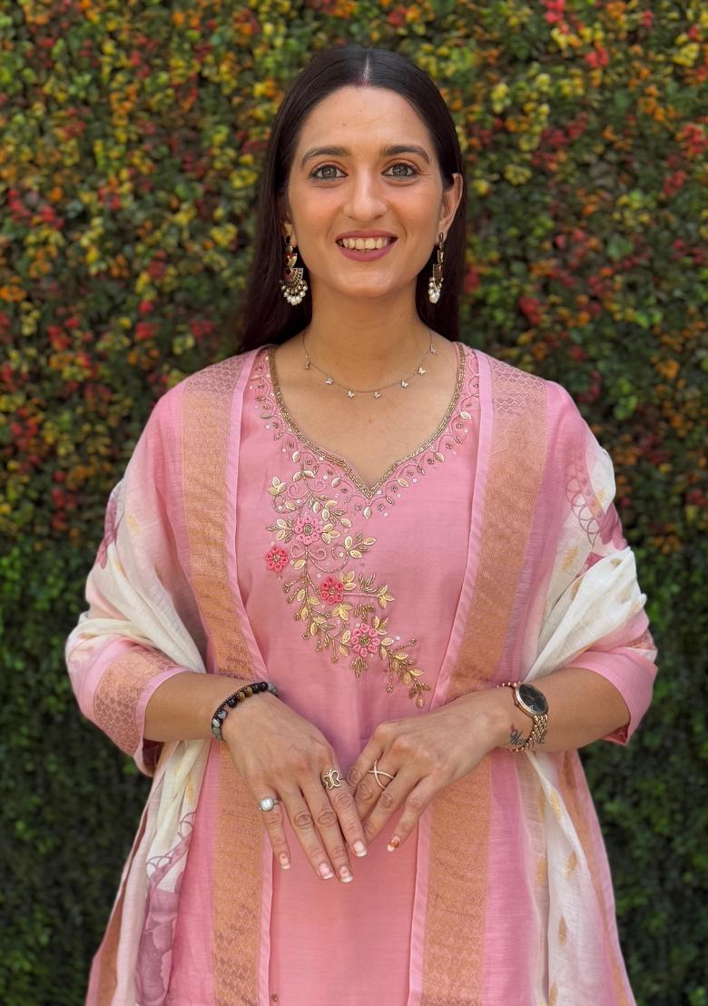 Peach Embroidered Silk Salwar Kameez With Dupatta