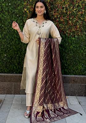 White Embroidered Silk Salwar Kameez With Dupatta