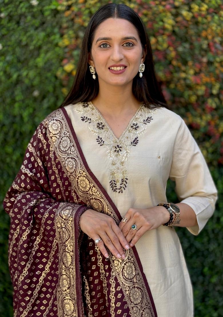 White Embroidered Silk Salwar Kameez With Dupatta