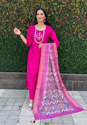 Pink Embroidered Silk Salwar Kameez With Dupatta