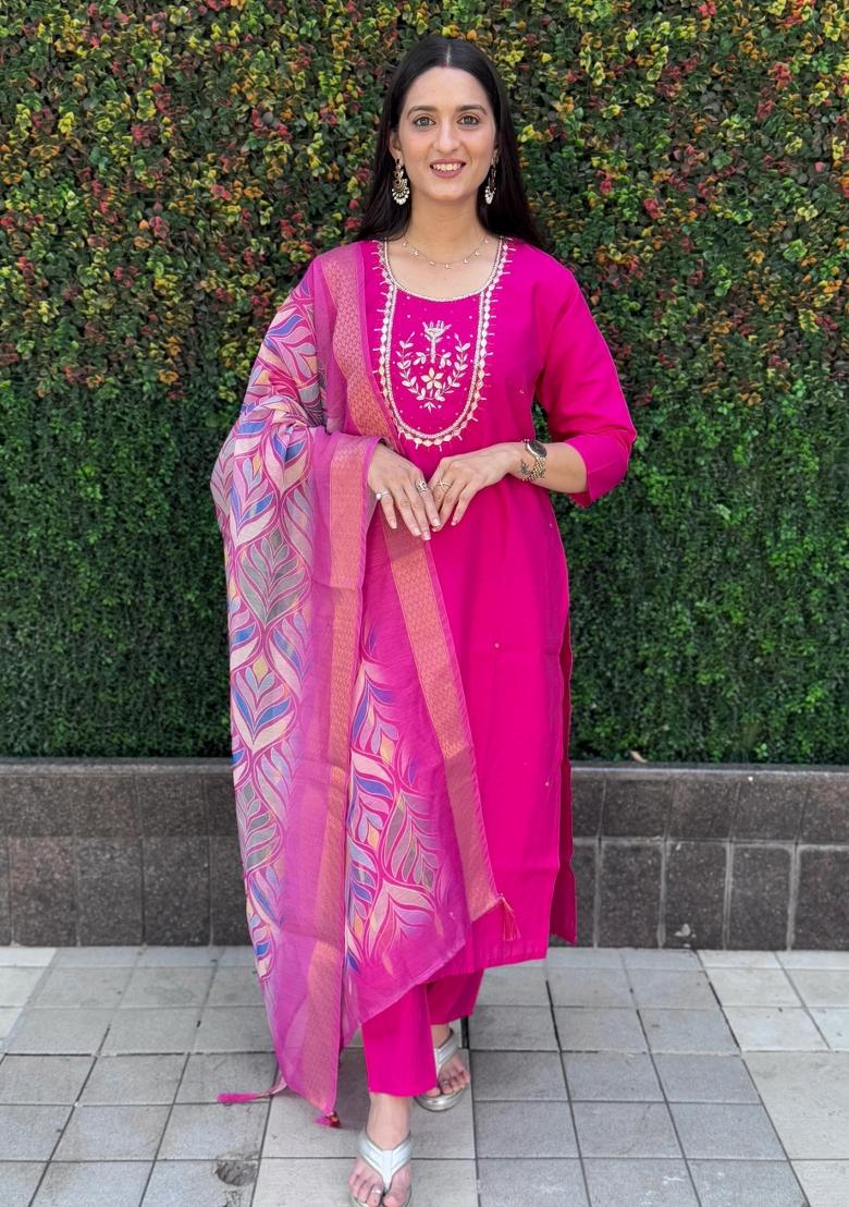 Pink Embroidered Silk Salwar Kameez With Dupatta
