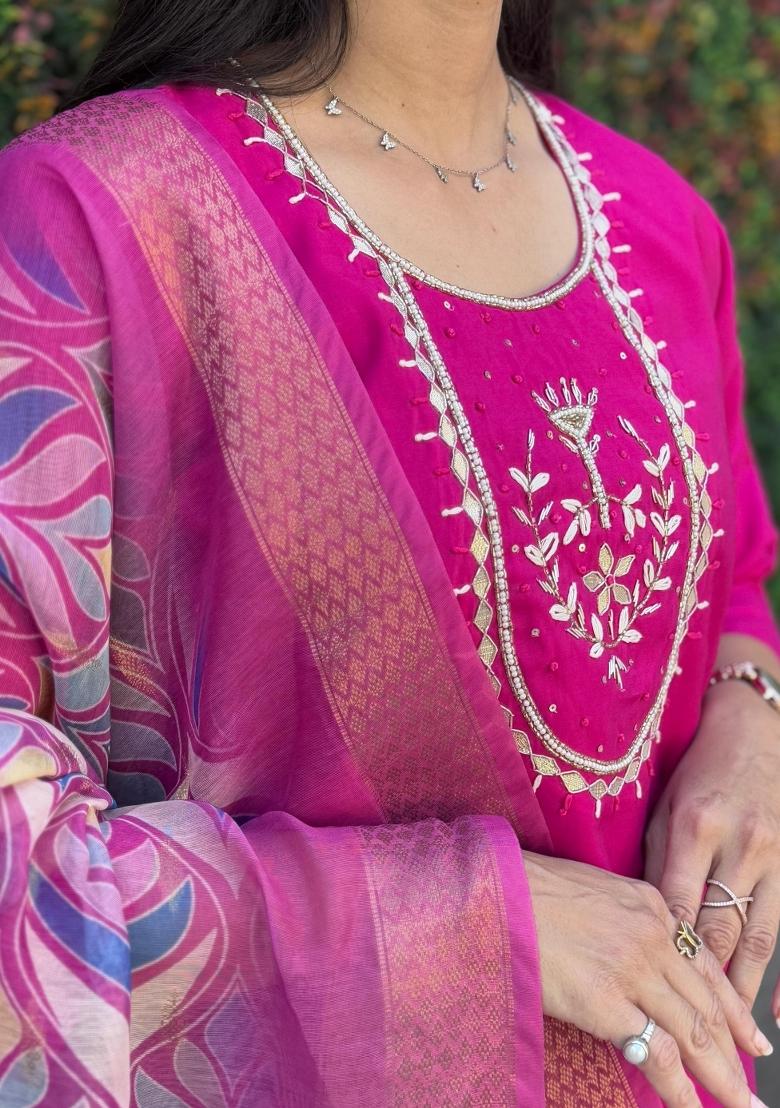 Pink Embroidered Silk Salwar Kameez With Dupatta