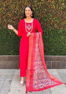 Red Embroidered Silk Salwar Kameez With Dupatta