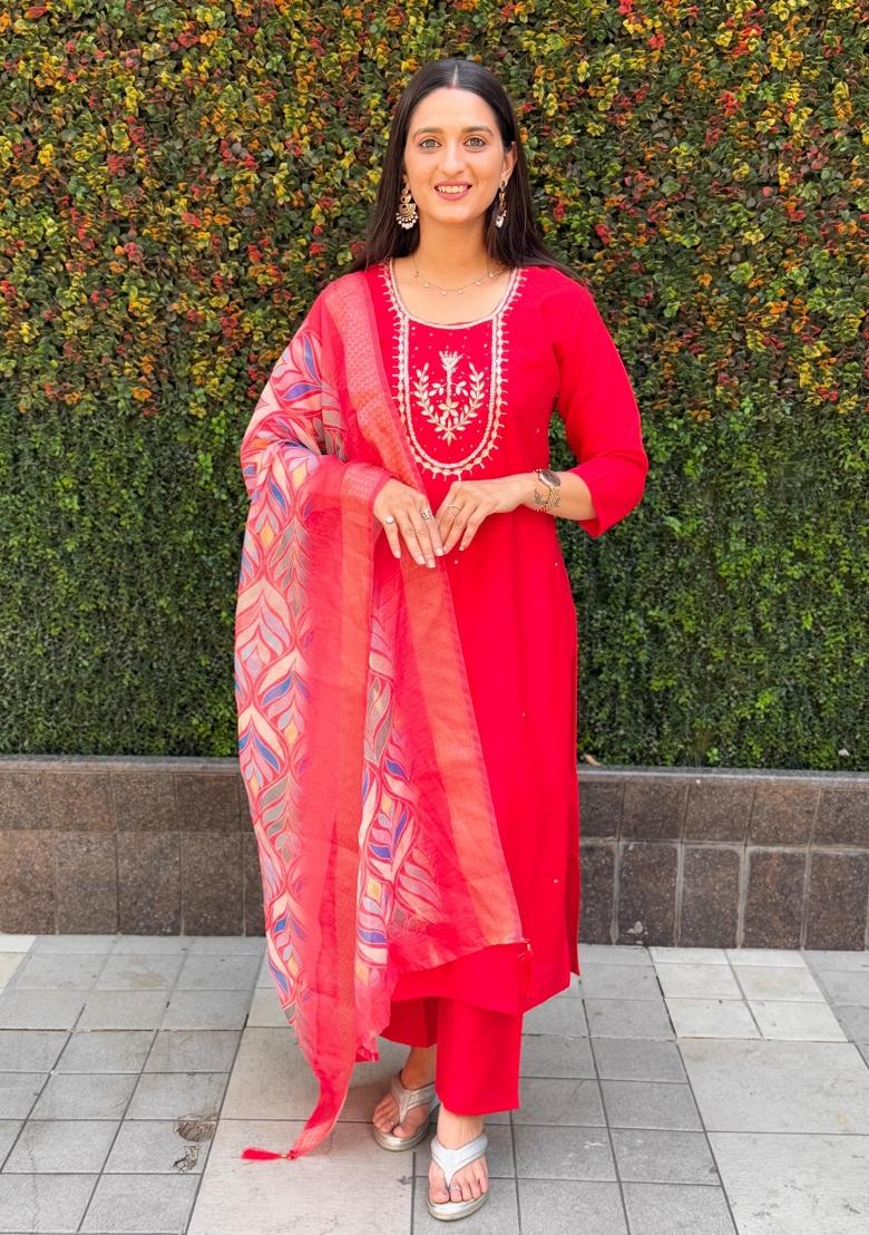 Red Embroidered Silk Salwar Kameez With Dupatta
