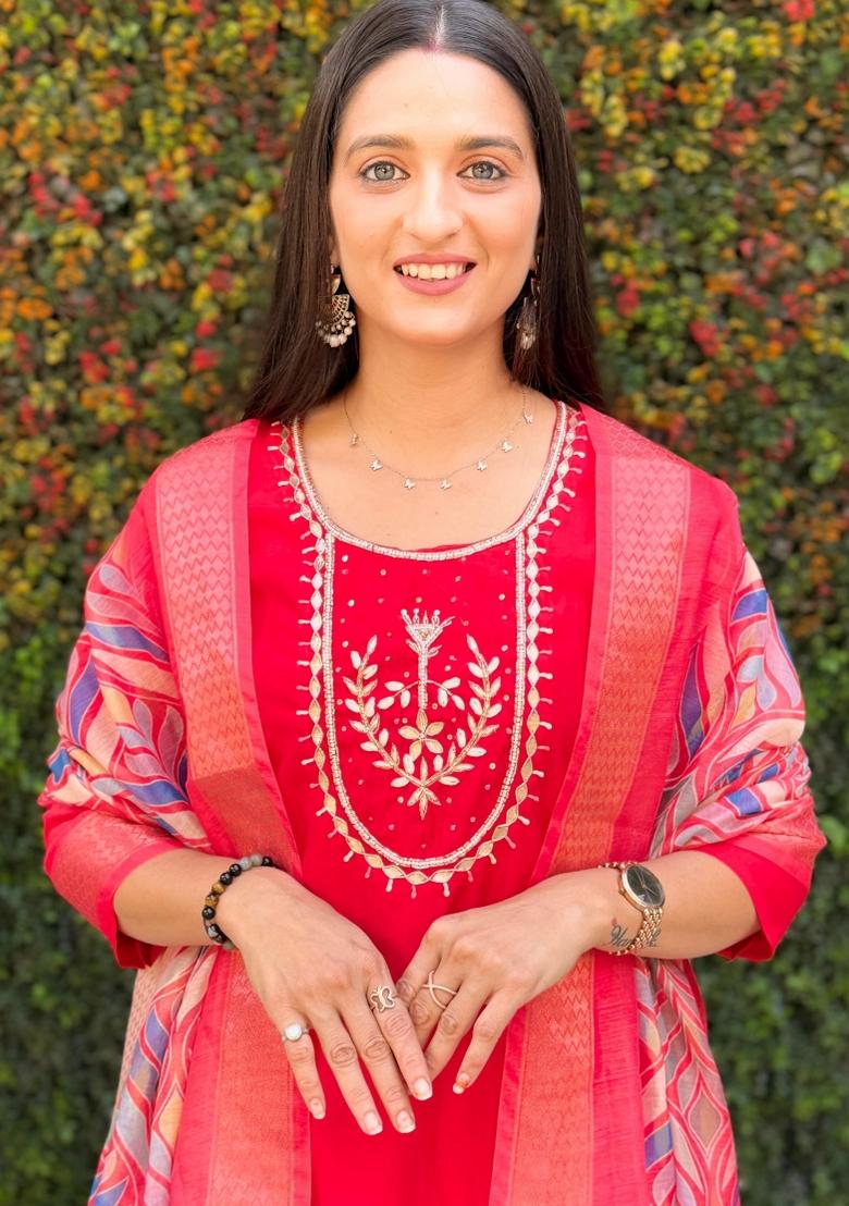 Red Embroidered Silk Salwar Kameez With Dupatta