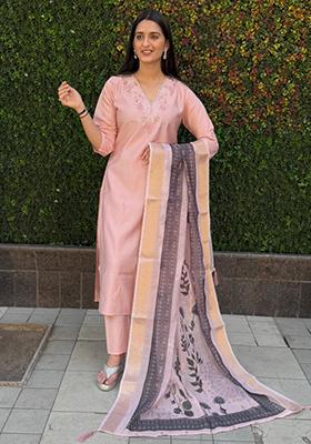 Peach Embroidered Silk Salwar Kameez With Dupatta