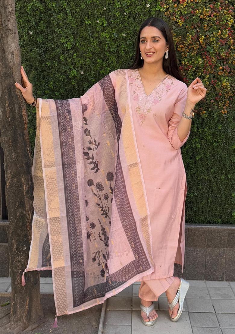 Peach Embroidered Silk Salwar Kameez With Dupatta