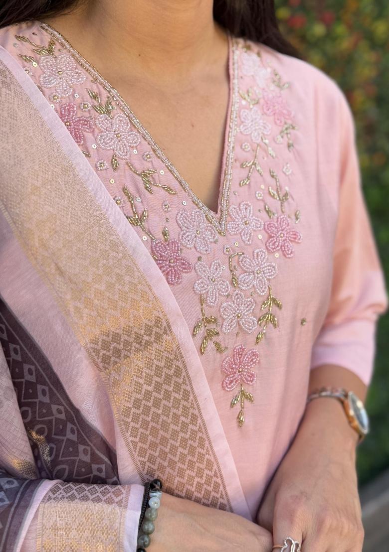 Peach Embroidered Silk Salwar Kameez With Dupatta