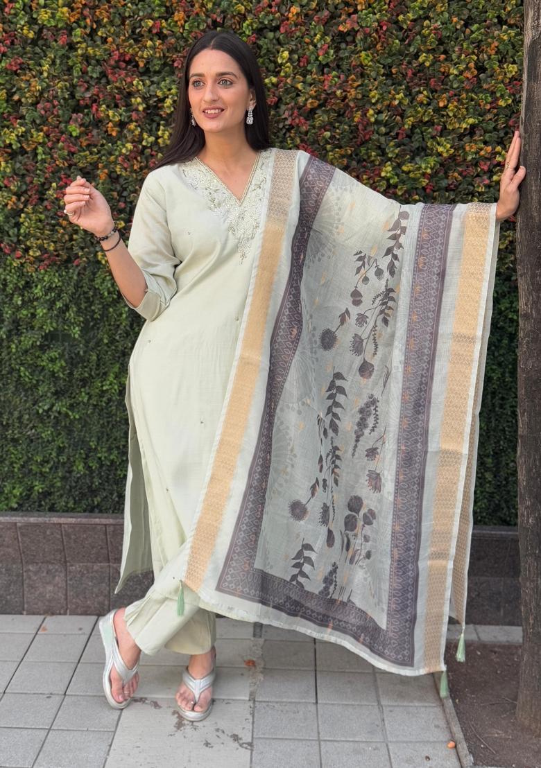 Light Pista Green Embroidered Silk Salwar Kameez With Dupatta