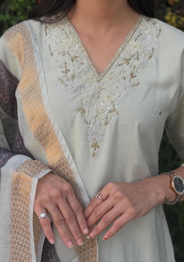 Light Pista Green Embroidered Silk Salwar Kameez With Dupatta