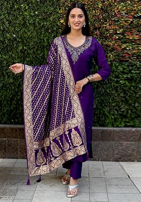 Violet Embroidered Silk Salwar Kameez With Dupatta