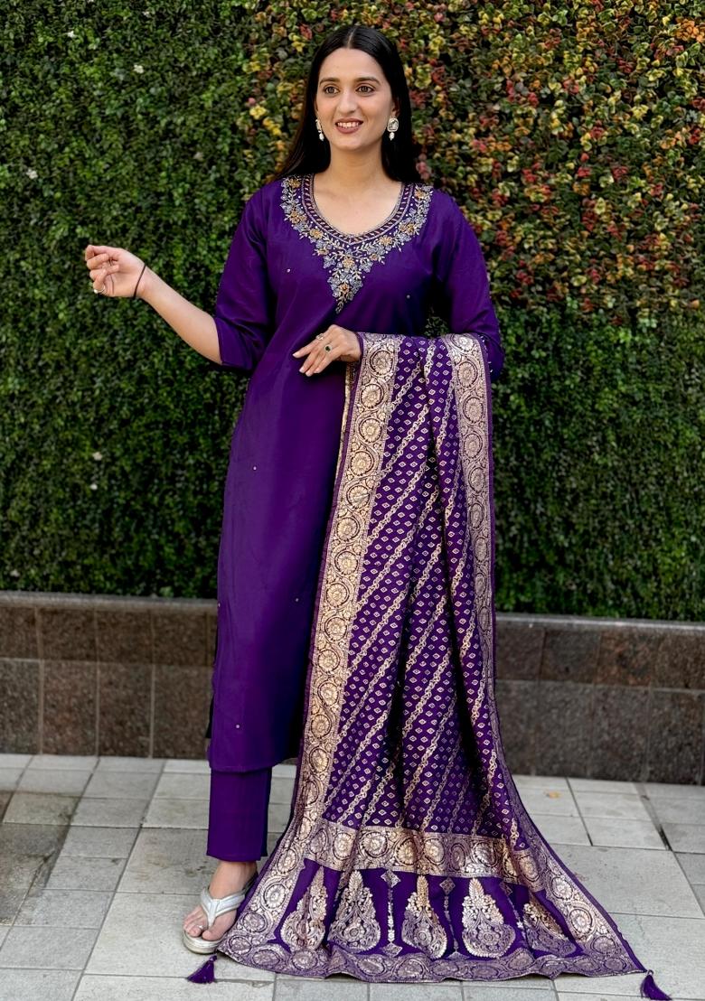 Violet Embroidered Silk Salwar Kameez With Dupatta