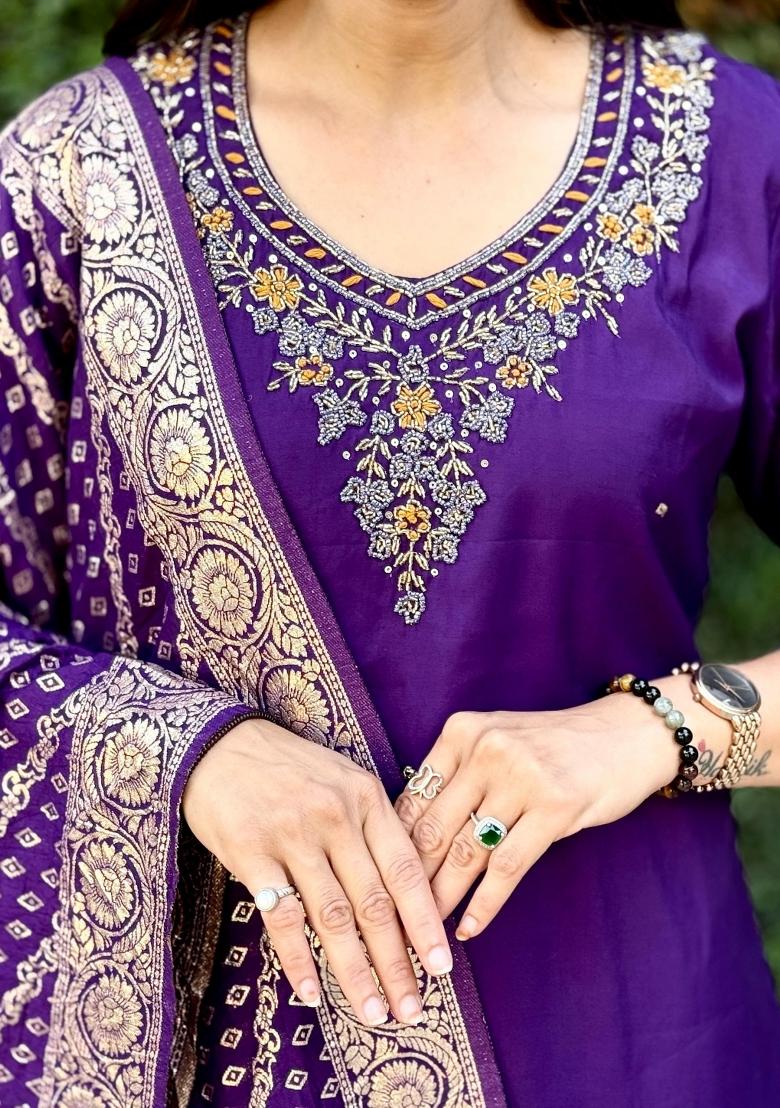 Violet Embroidered Silk Salwar Kameez With Dupatta