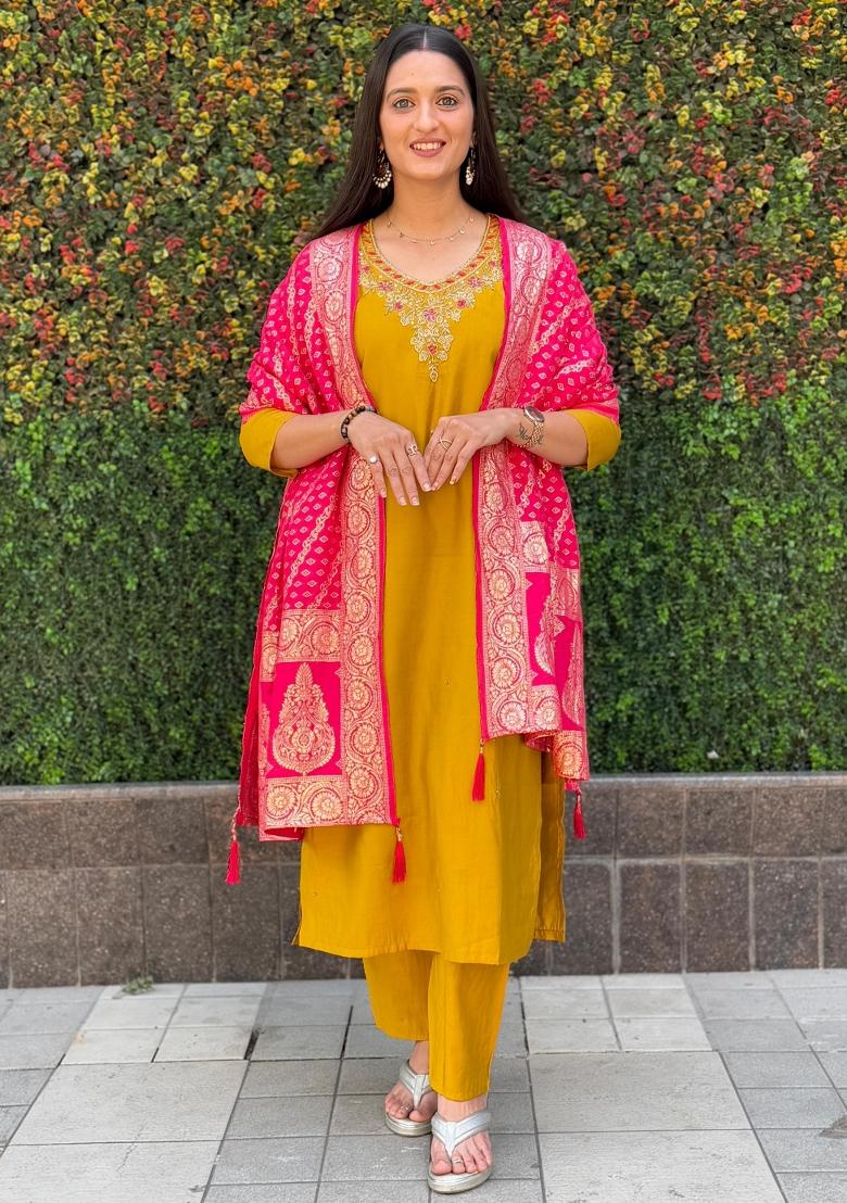 Yellow Embroidered Silk Salwar Kameez With Dupatta