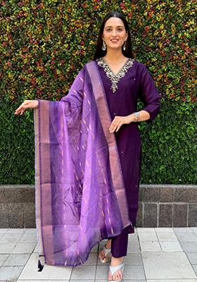 Violet Embroidered Silk Salwar Kameez With Dupatta