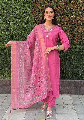 Peach Embroidered Silk Salwar Kameez With Dupatta