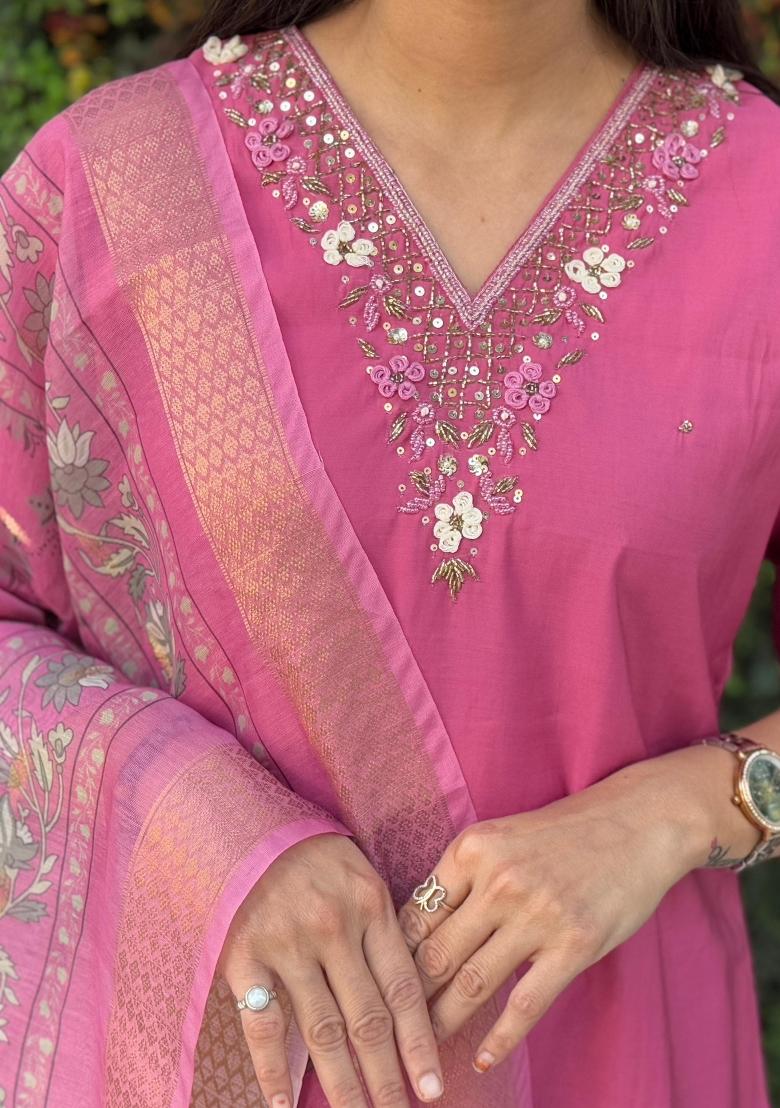 Peach Embroidered Silk Salwar Kameez With Dupatta