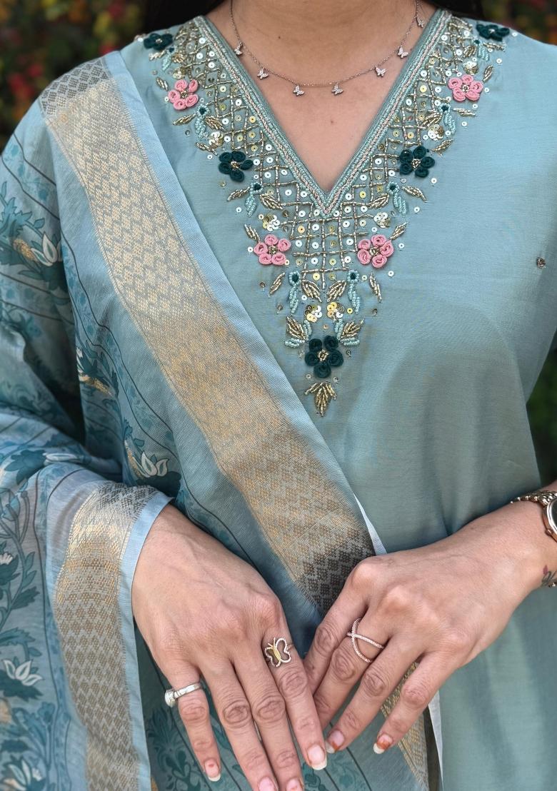 See Green Embroidered Silk Salwar Kameez With Dupatta