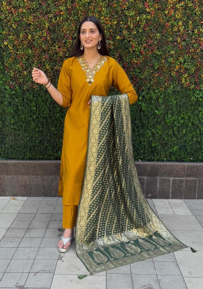Yellow Embroidered Silk Salwar Kameez With Dupatta