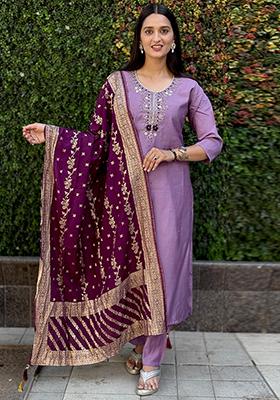 Lavender Embroidered Silk Salwar Kameez With Dupatta